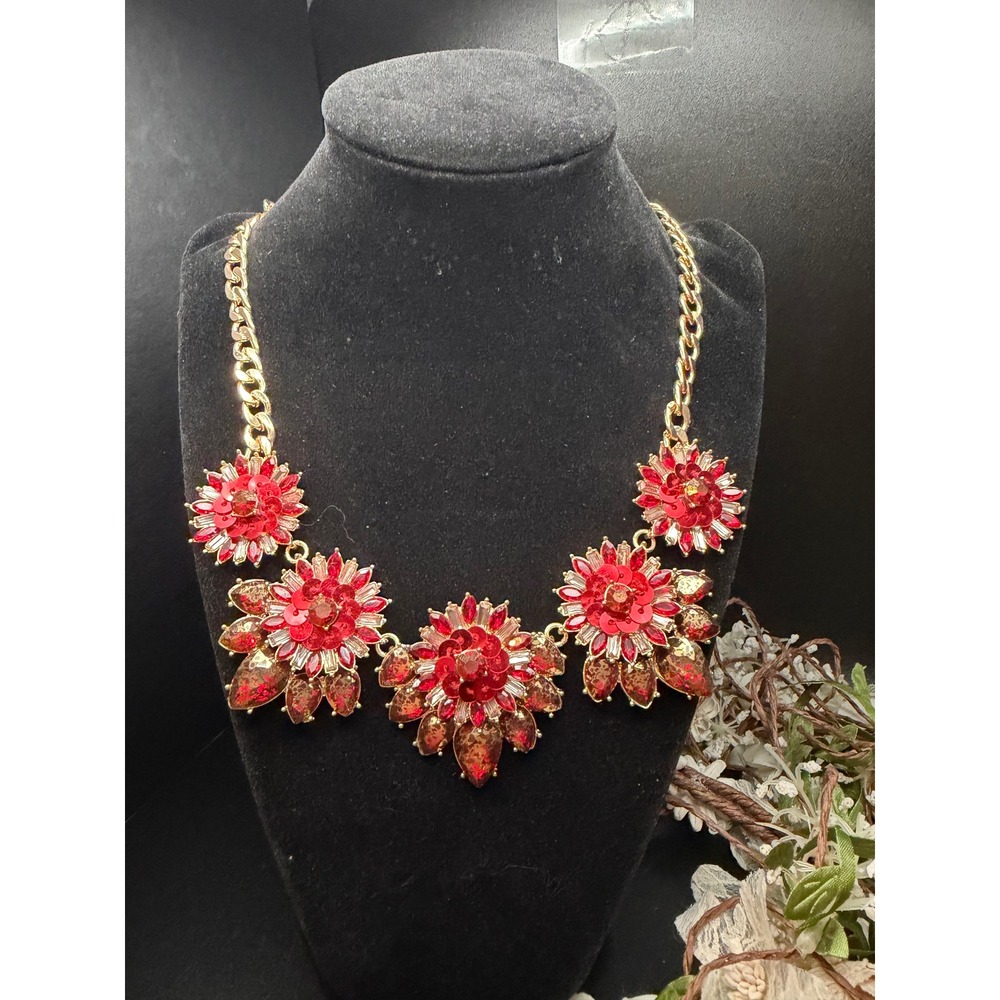 16" INC International Concepts Red Floral Statement Necklace Gold Tone Crystal